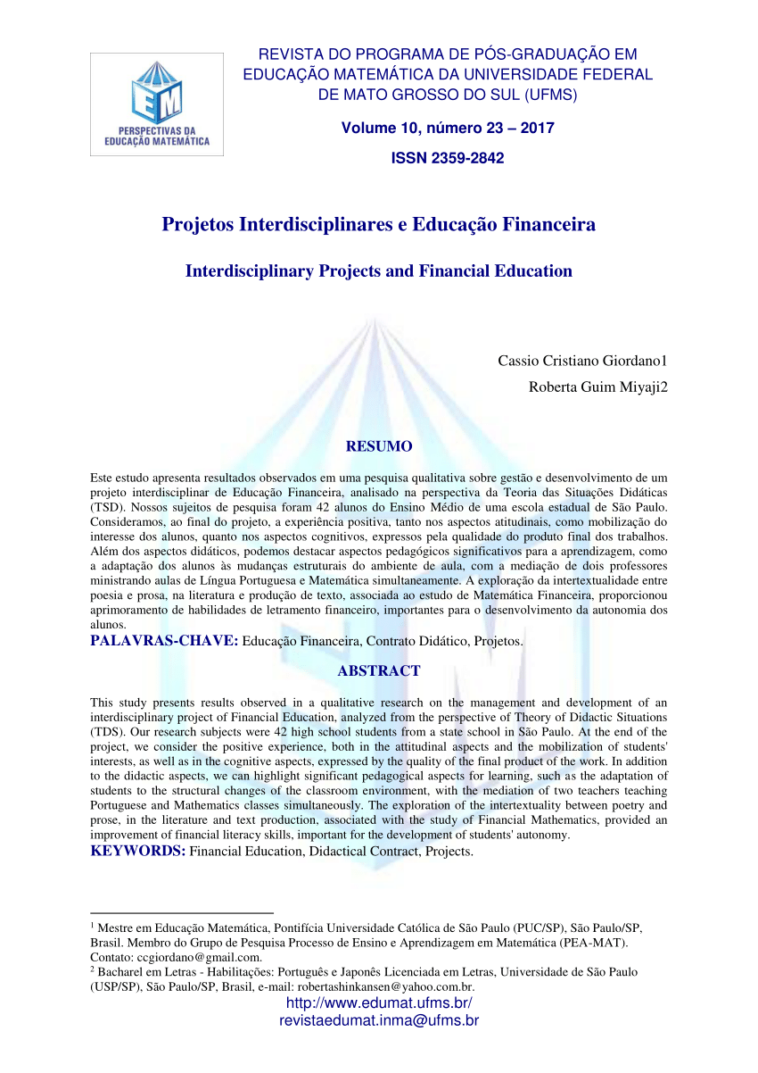 PDF) EXPLORANDO A INTERDISCIPLINARIDADE ENTRE LÍNGUA PORTUGUESA E  MATEMÁTICA NO DESENVOLVIMENTO DE UM PROJETO DE EDUCAÇÃO FINANCEIRA