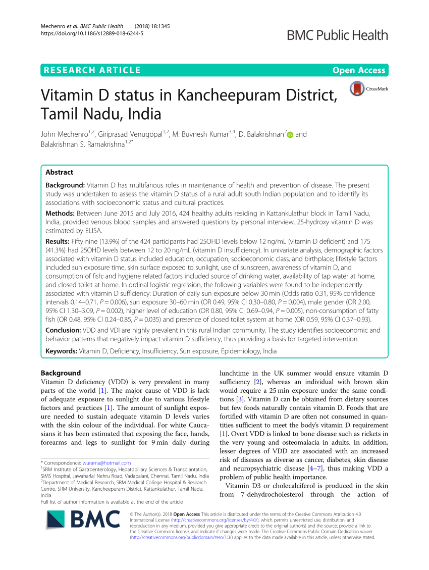 Pdf Vitamin D Status In Kancheepuram District Tamil Nadu India