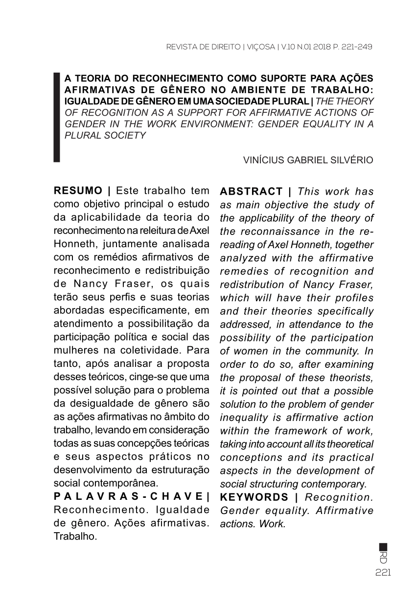 Pdf A Teoria Do Reconhecimento Como Suporte Para Ações Afirmativas De Gênero No Ambiente De 0203