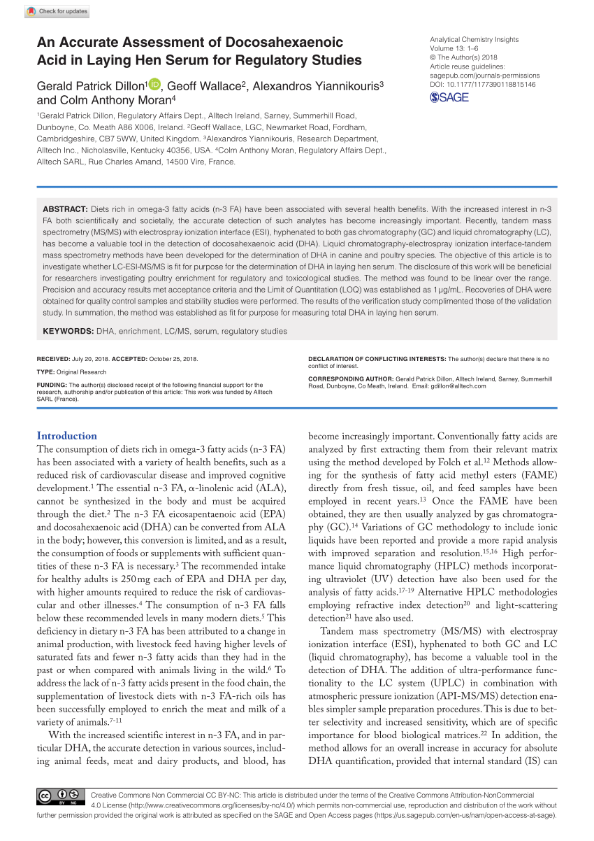 Pdf An Accurate Assessment Of Docosahexaenoic Acid In Laying Hen Serum For Regulatory Studies