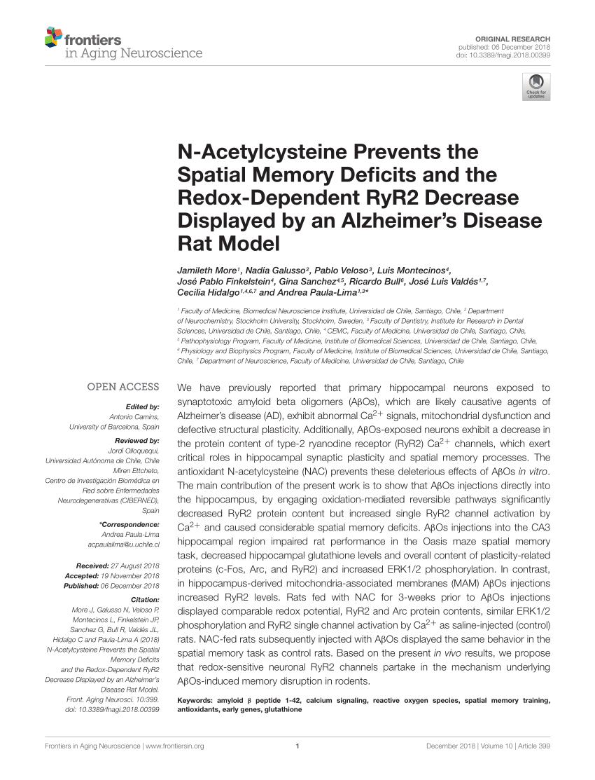 Pdf N Acetylcysteine Prevents The Spatial Memory Deficits And The Redox Dependent Ryr2 Decrease Displayed By An Alzheimer S Disease Rat Model