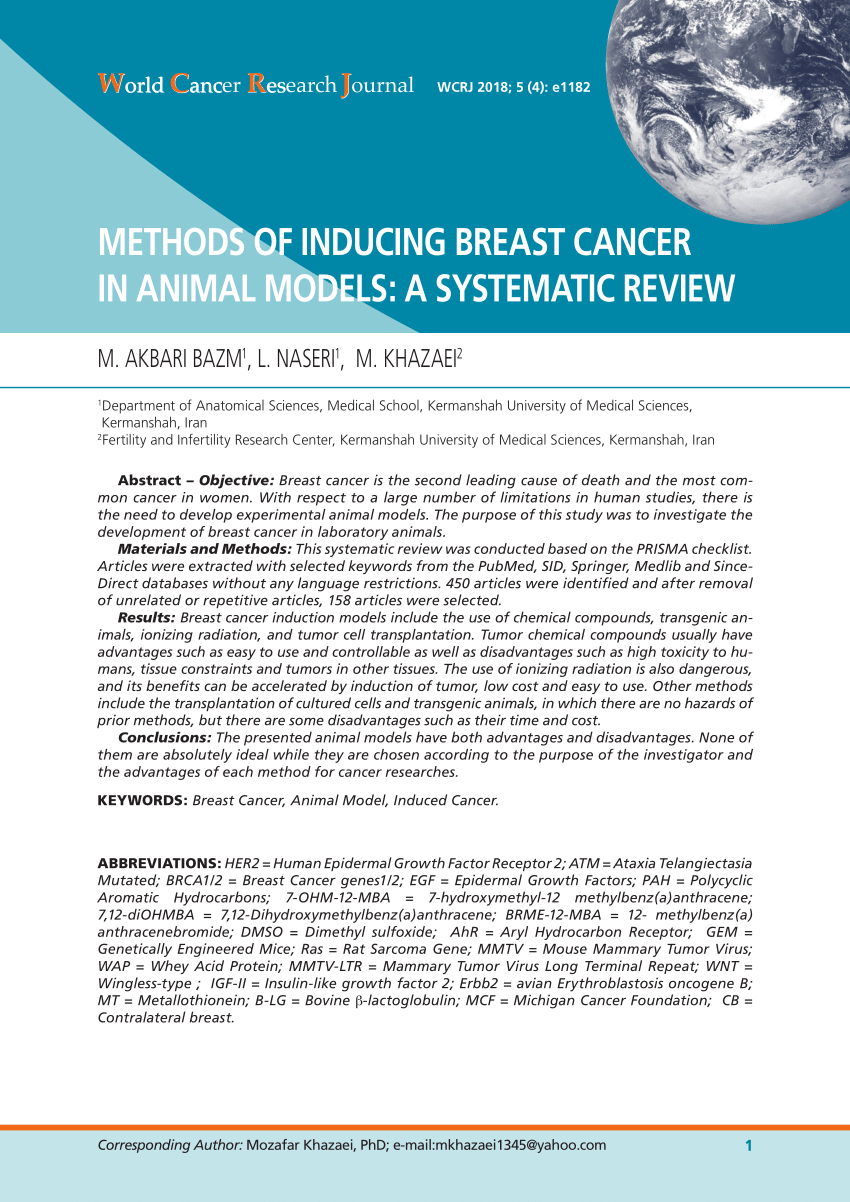 (PDF) METHODS OF INDUCING BREAST CANCER IN ANIMAL MODELS A SYSTEMATIC