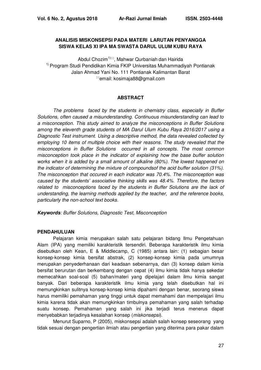 Pdf Analisis Miskonsepsi Pada Materi Larutan Penyangga Siswa Kelas Xi Ipa Ma Swasta Darul Ulum 5272