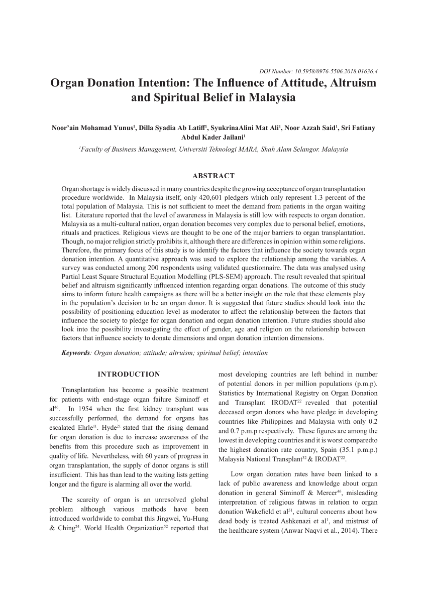 Pdf Organ Donation Intention The Influence Of Attitude Altruism And Spiritual Belief In Malaysia