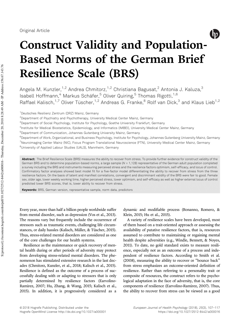Pdf Construct Validity And Population Based Norms Of The German