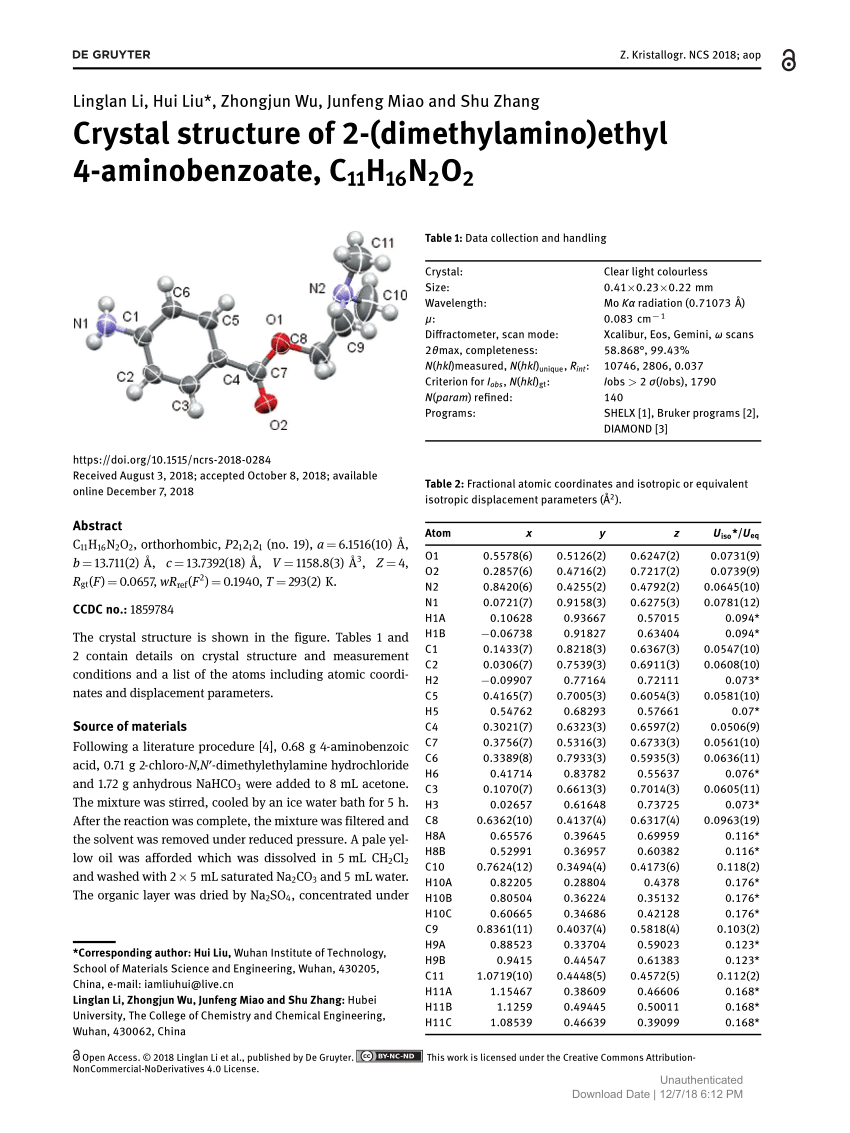 Pdf Crystal Structure Of 2 Dimethylamino Ethyl 4 Aminobenzoate C11h16n2o2