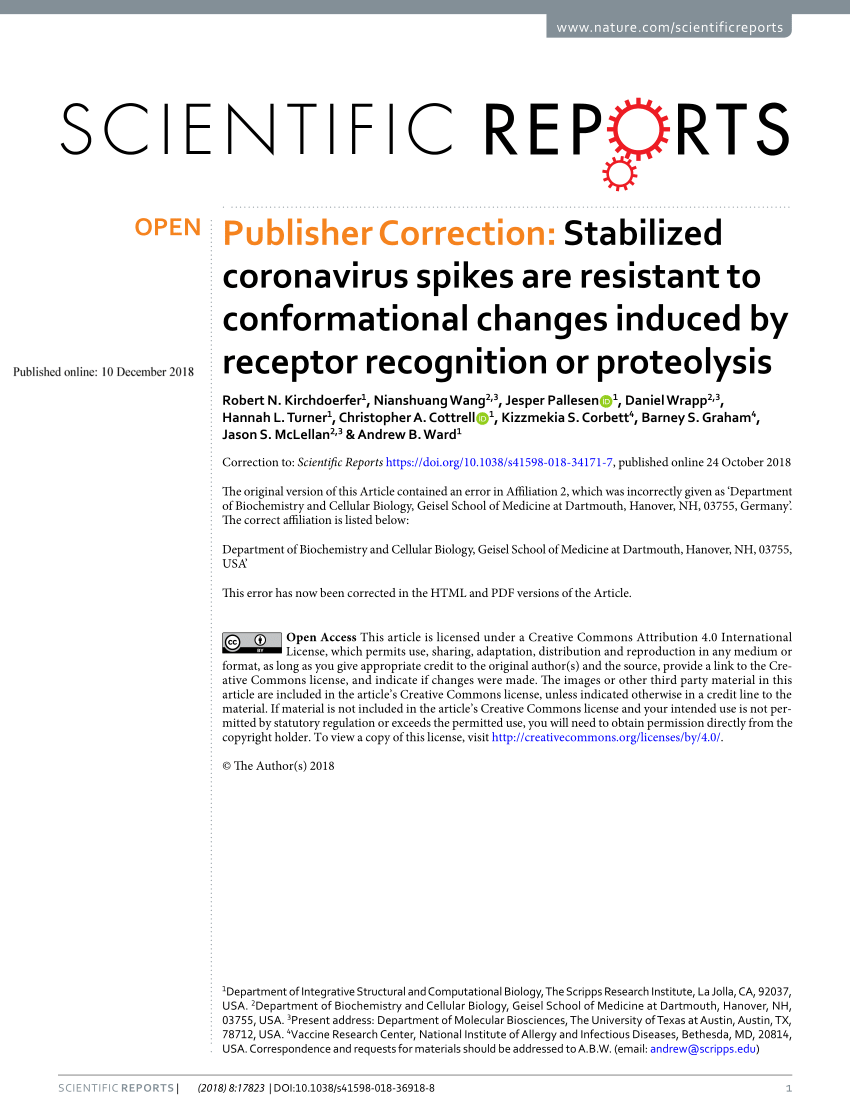 Pdf Publisher Correction Stabilized Coronavirus Spikes Are Resistant To Conformational Changes Induced By Receptor Recognition Or Proteolysis