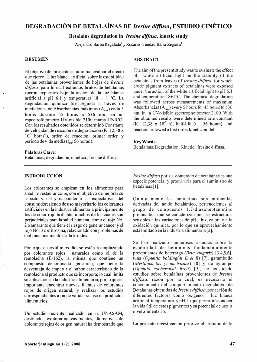 (PDF) Degradación de betalaínas de Iresine diffusa, estudio cinético