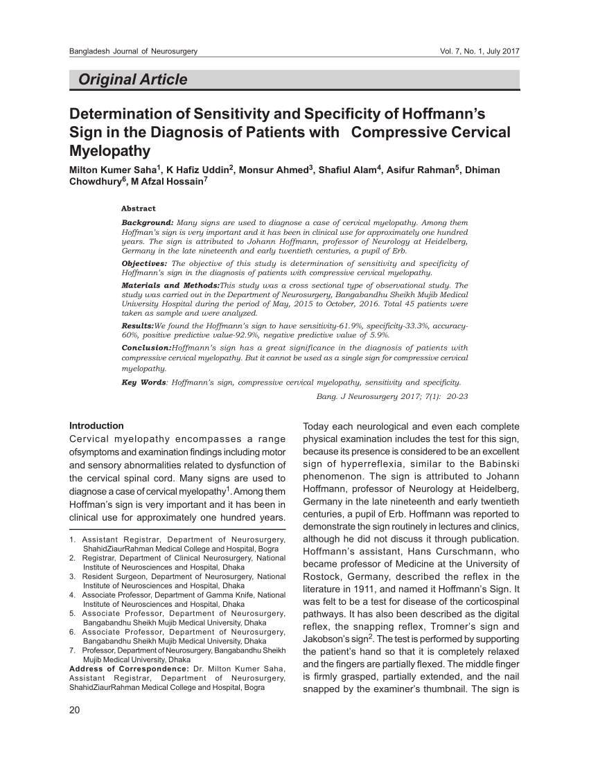Pdf Determination Of Sensitivity And Specificity Of Hoffmann S Sign In The Diagnosis Of Patients With Compressive Cervical Myelopathy