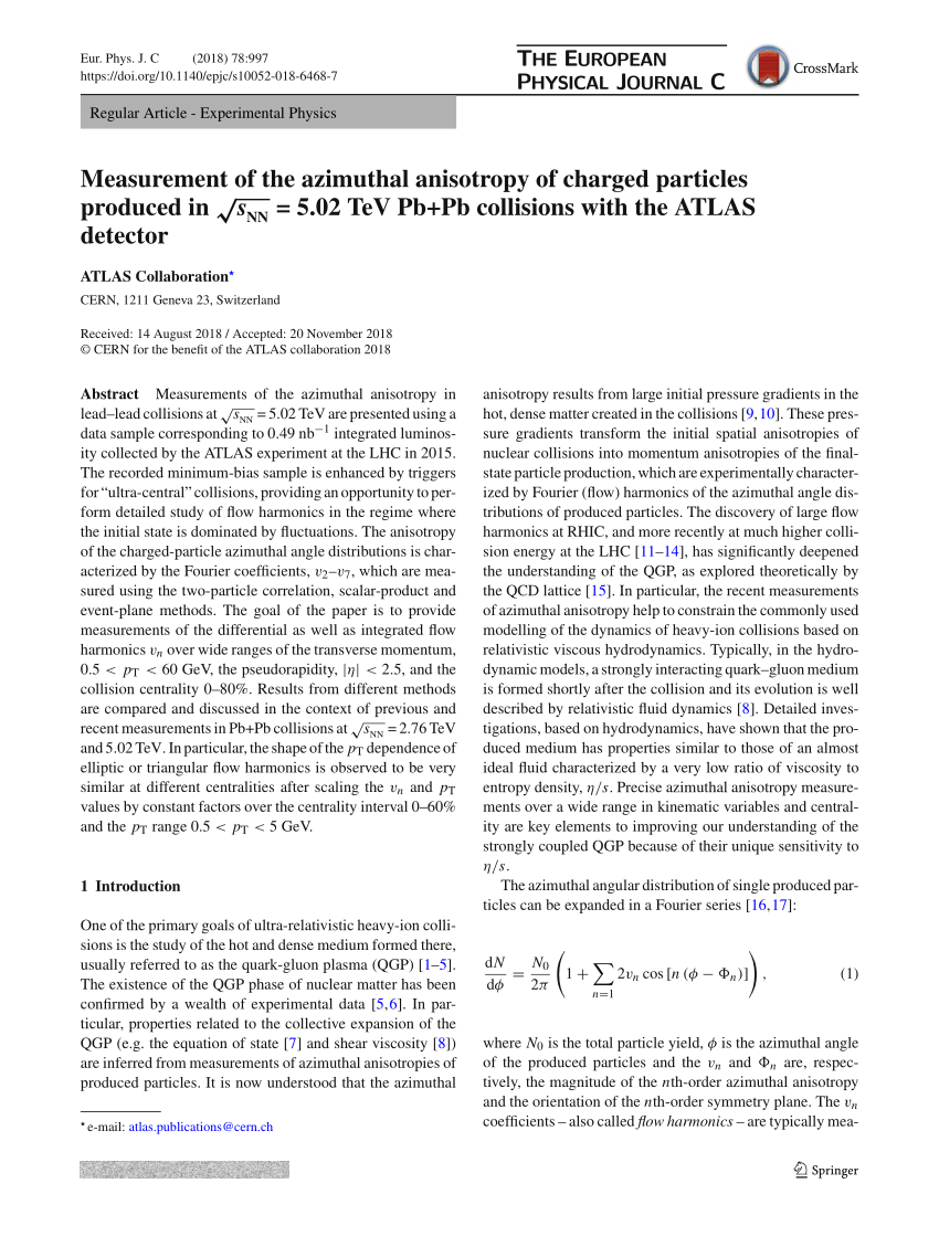 Pdf Measurement Of The Azimuthal Anisotropy Of Charged Particles Produced In Sqrt S Text Nn Snn 5 02 Tev Pb Pb Collisions With The Atlas Detector