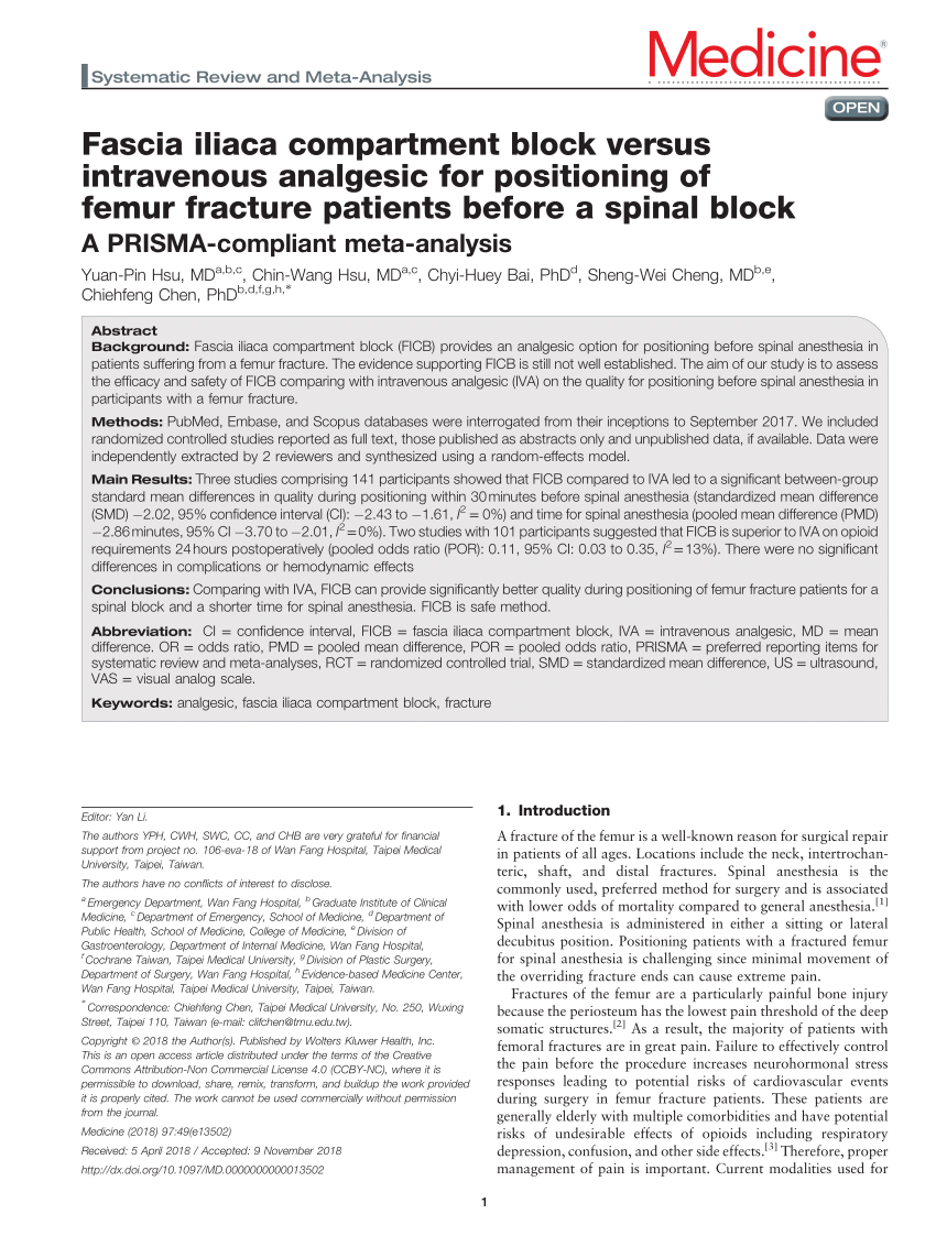 PDF) Fascia iliaca compartment block versus intravenous analgesic for  positioning of femur fracture patients before a spinal block: A  PRISMA-compliant meta-analysis