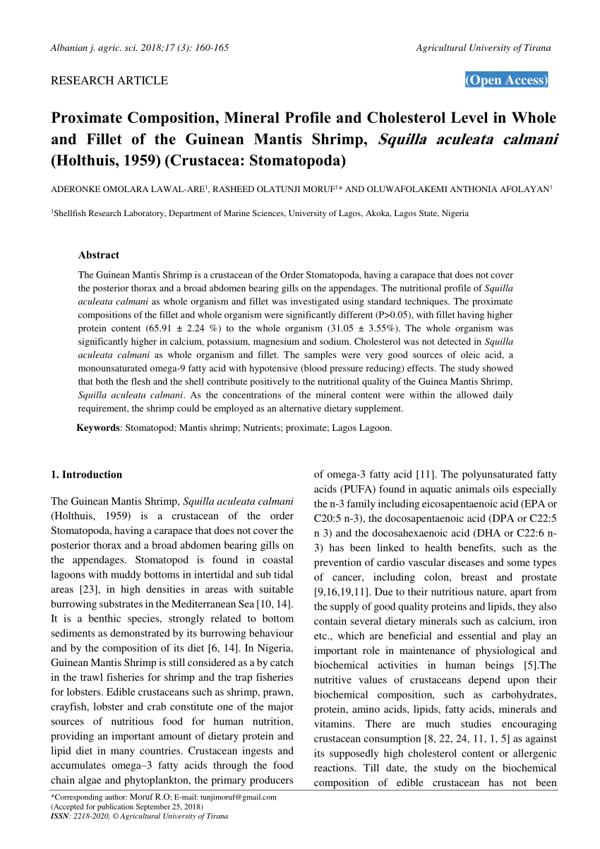 PDF) Proximate Composition, Mineral Profile and Cholesterol Level in Whole and Fillet of the Guinean Mantis Shrimp, Squilla aculeata calmani (Holthuis, 1959) (Crustacea Stomatopoda)