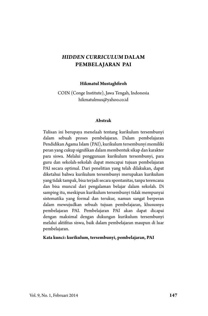 Pdf Hidden Curriculum Dalam Pembelajaran Pai