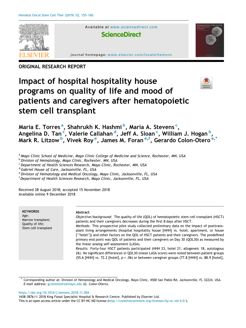 Pdf Impact Of Hospital Hospitality House Programs On Quality Of Life And Mood Of Patients And Caregivers After Hematopoietic Stem Cell Transplant