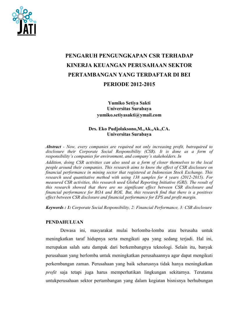 Pdf Pengaruh Pengungkapan Csr Terhadap Kinerja Keuangan Perusahaan Sektor Pertambangan Yang 9178