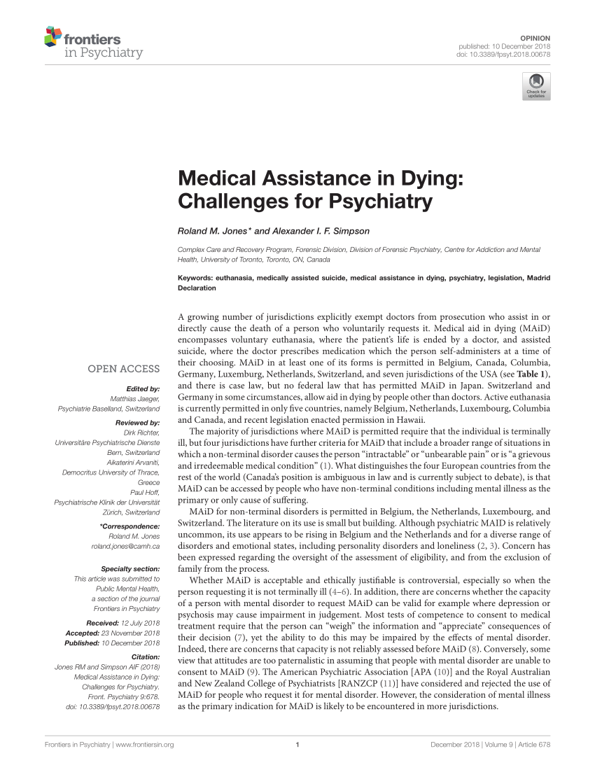 Pdf Medical Assistance In Dying Challenges For Psychiatry