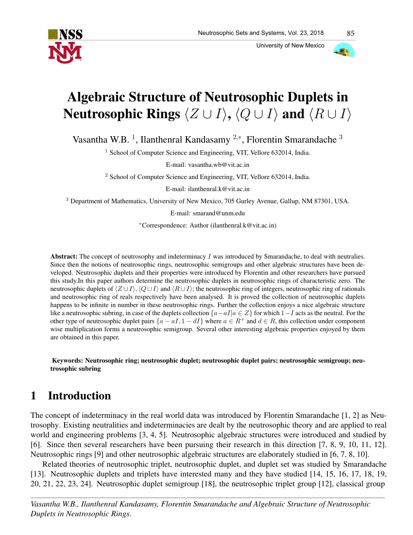 Pdf Algebraic Structure Of Neutrosophic Duplets In Neutrosophic Rings