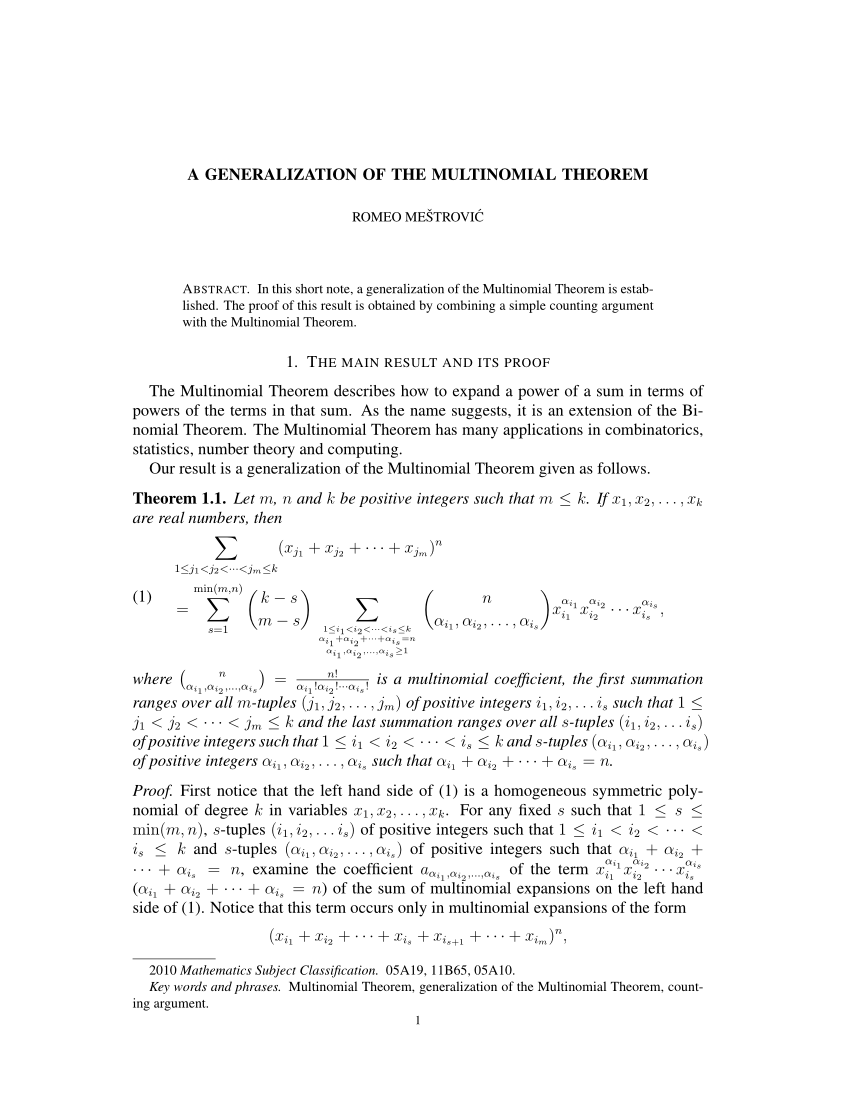 Pdf A Generalization Of The Multinomial Theorem