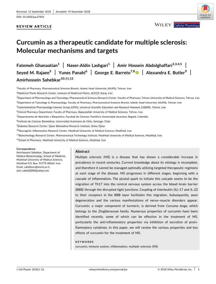 Pdf Curcumin As A Therapeutic Candidate For Multiple Sclerosis Molecular Mechanisms And Targets