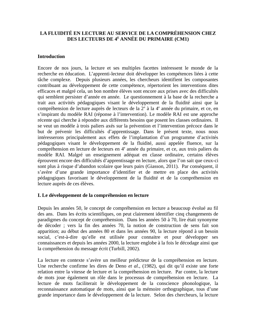 Pdf La Fluidite En Lecture Au Service De La Comprehension Chez Des Lecteurs De 4e Annee Du Primaire Cm1