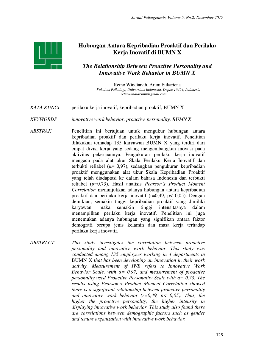 Pdf Hubungan Antara Kepribadian Proaktif Dan Perilaku Kerja Inovatif Di Bumn X