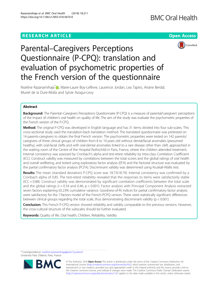 Pdf Parental Caregivers Perceptions Questionnaire P Cpq Translation And Evaluation Of Psychometric Properties Of The French Version Of The Questionnaire