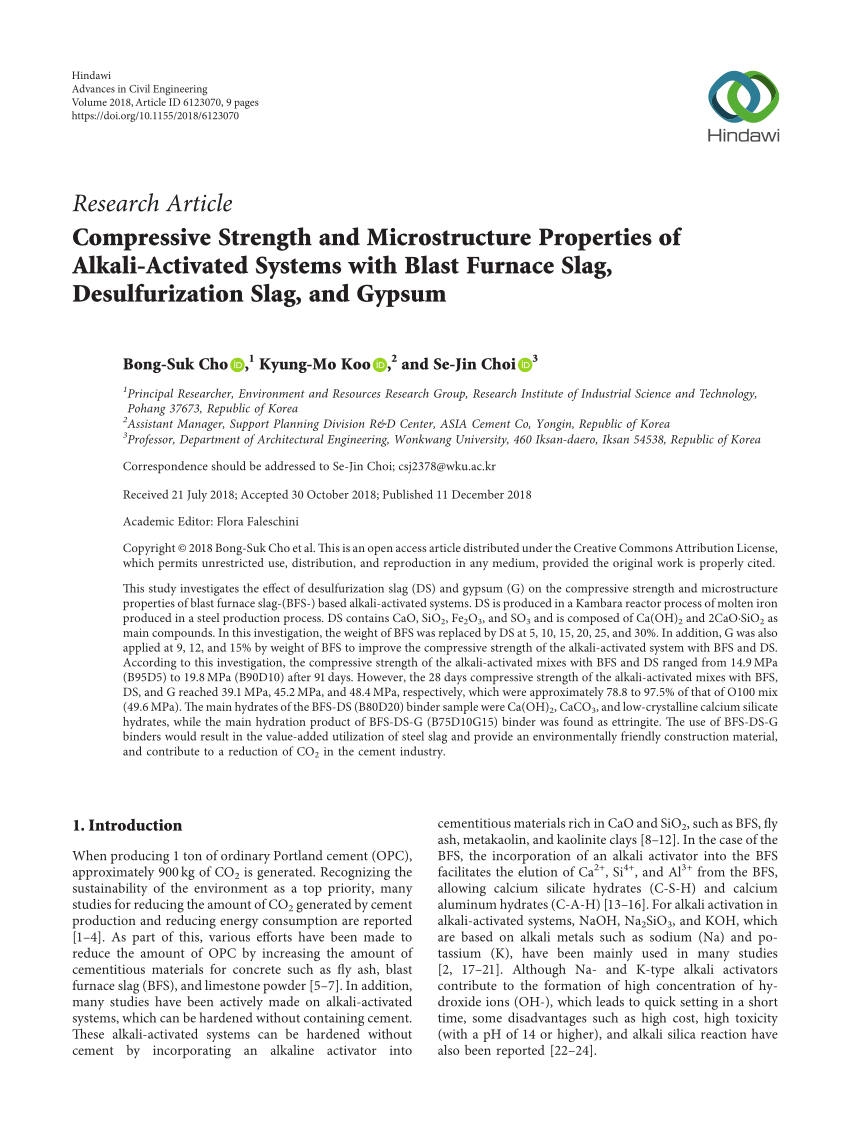 Pdf Compressive Strength And Microstructure Properties Of Alkali Activated Systems With Blast Furnace Slag Desulfurization Slag And Gypsum