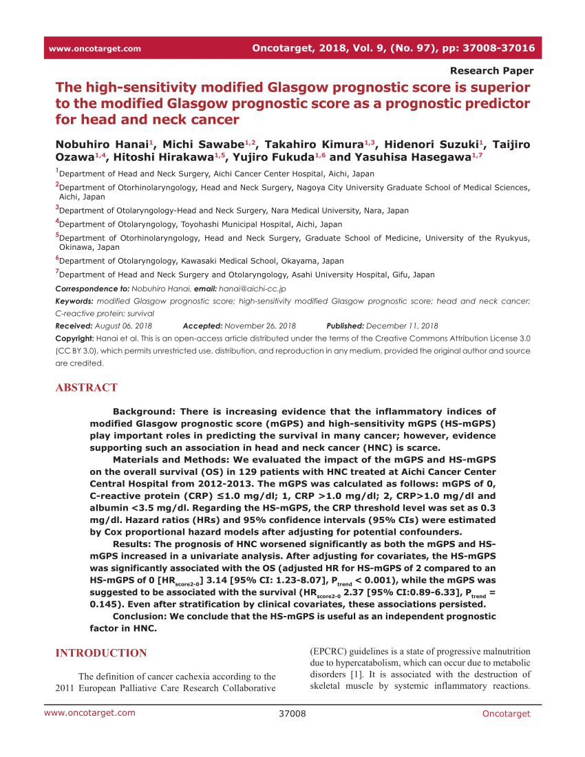 (PDF) The high-sensitivity modified Glasgow prognostic score is