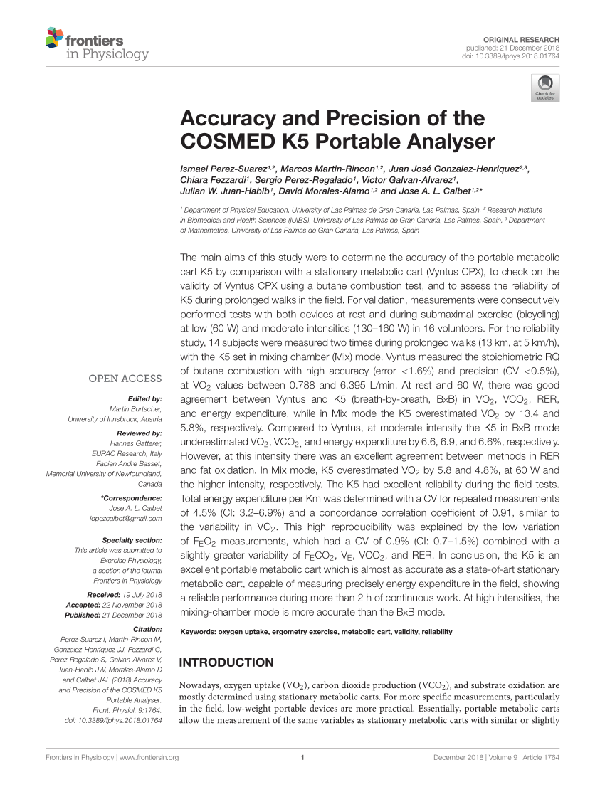 PDF) Accuracy and precision of the COSMED K5 portable analyser