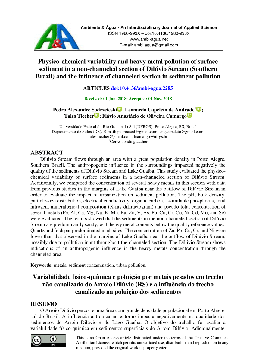 Pdf Physico Chemical Variability And Heavy Metal Pollution Of Surface Sediment In A Non Channeled Section Of Diluvio Stream Southern Brazil And The Influence Of Channeled Section In Sediment Pollution