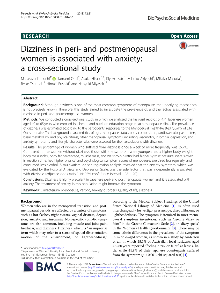 PDF) Dizziness in peri- and postmenopausal women is associated with  anxiety: A cross-sectional study