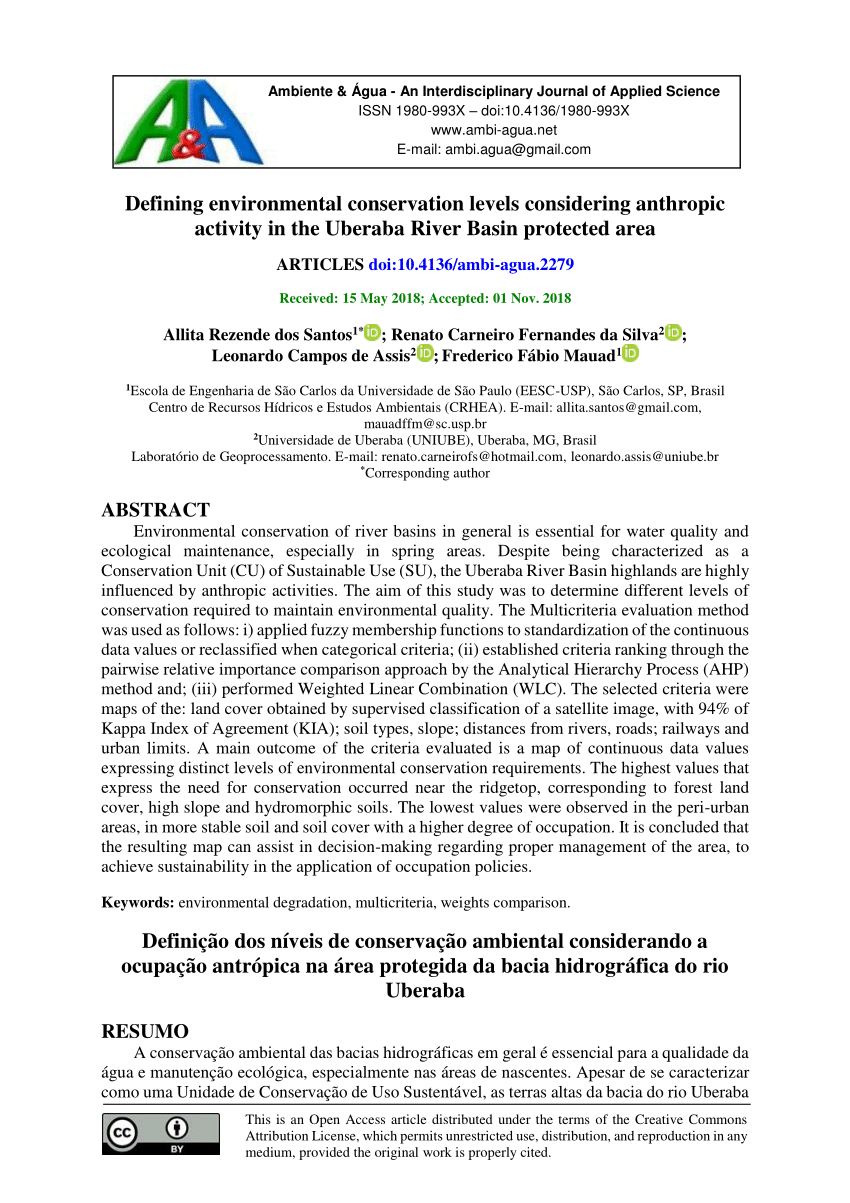 Pdf Defining Environmental Conservation Levels Considering Anthropic Activity In The Uberaba River Basin Protected Area