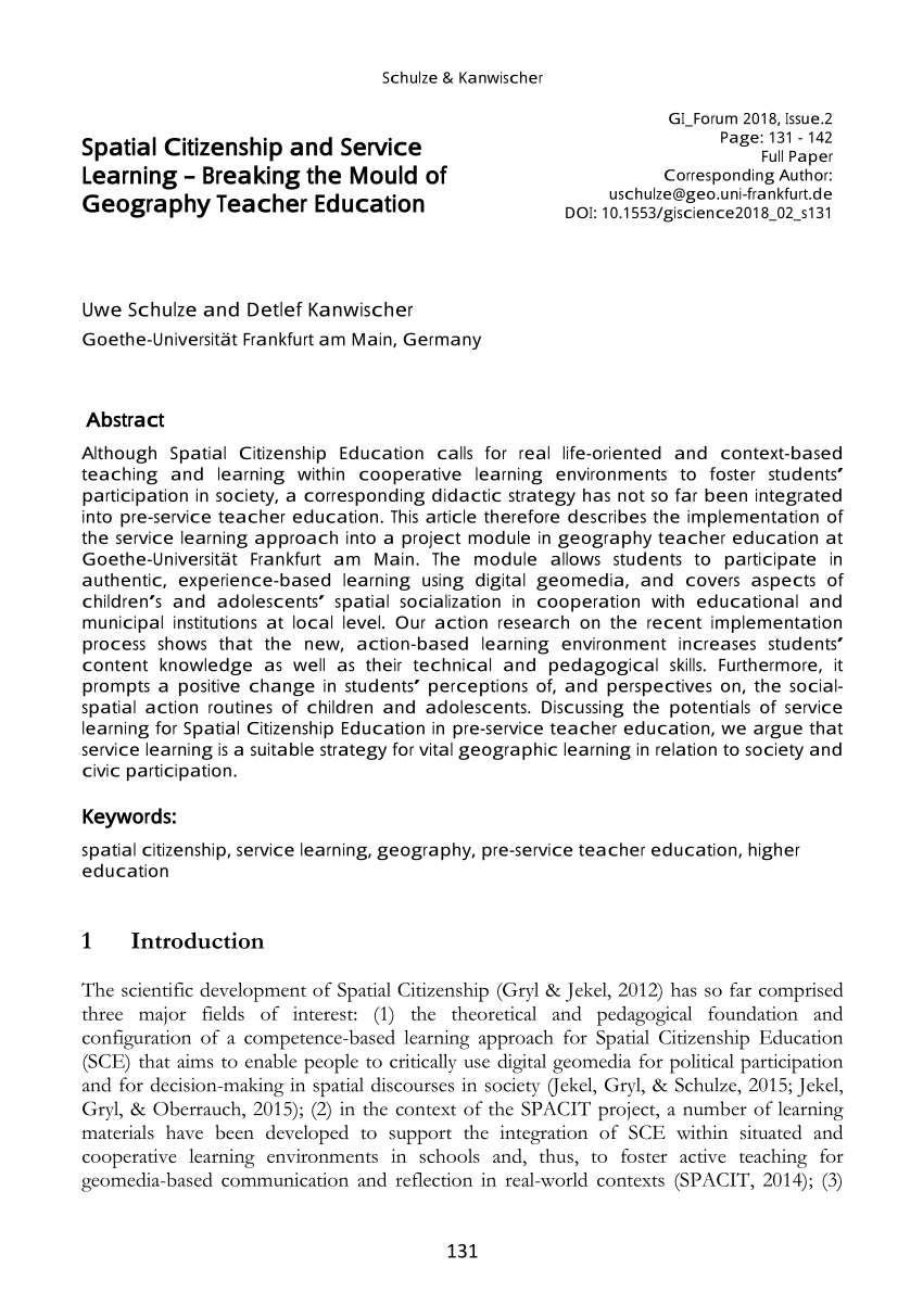 Pdf Spatial Citizenship And Service Learning Breaking The Mould Of Geography Teacher Education