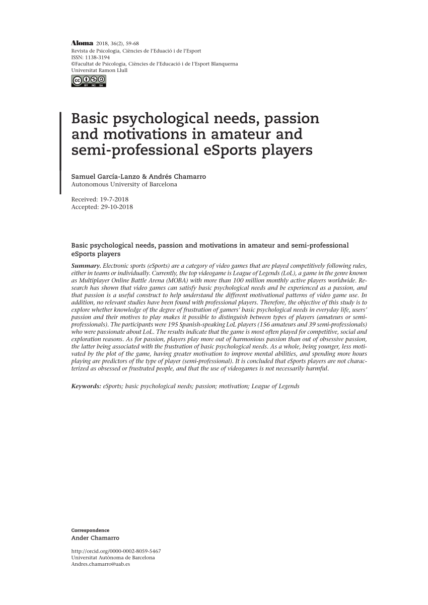 PDF) Basic psychological needs, passion and motivations in amateur and semi-professional eSports players