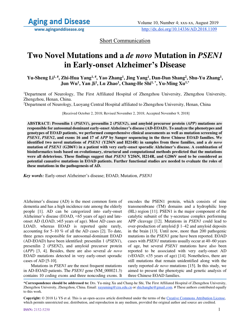 Pdf Two Novel Mutations And A De Novo Mutation In Psen1 In Early Onset Alzheimers Disease 