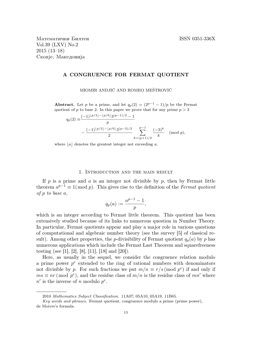 Pdf A Congruence For Fermat Quotient