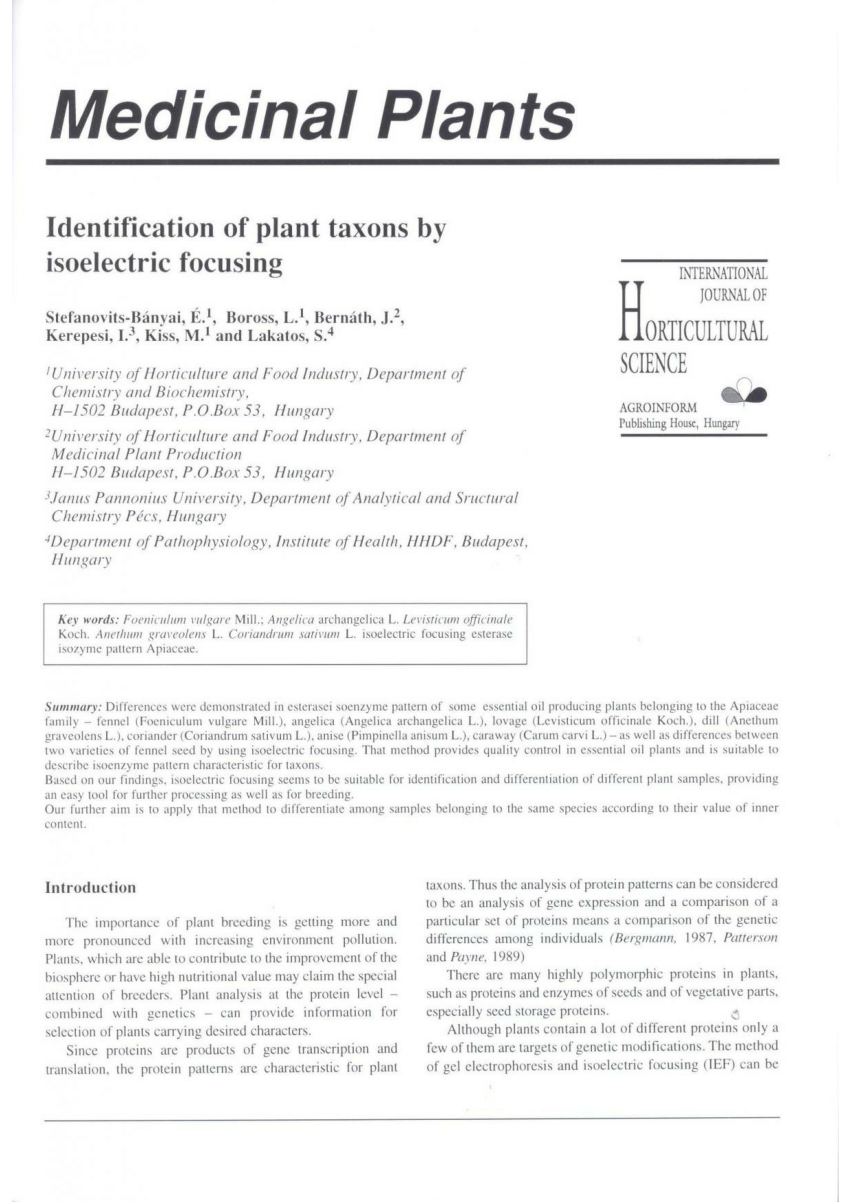 Pdf Identification Of Plant Taxons By Isoelectric Focusing