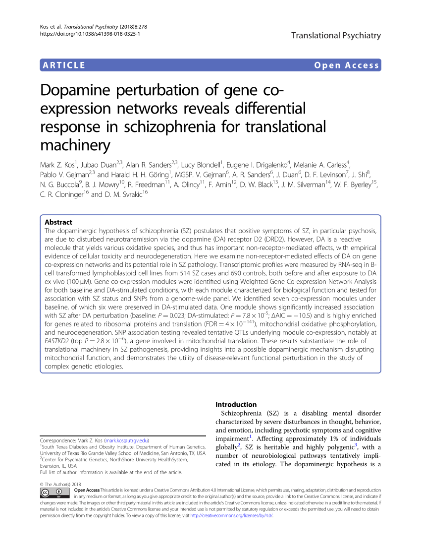 PDF) Dopamine perturbation of gene co-expression networks reveals differential response in schizophrenia for translational machinery photo