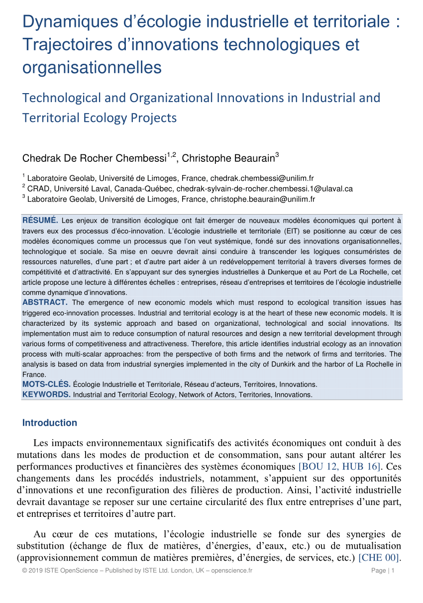 Pdf Dynamiques Décologie Industrielle Et Territoriale - 