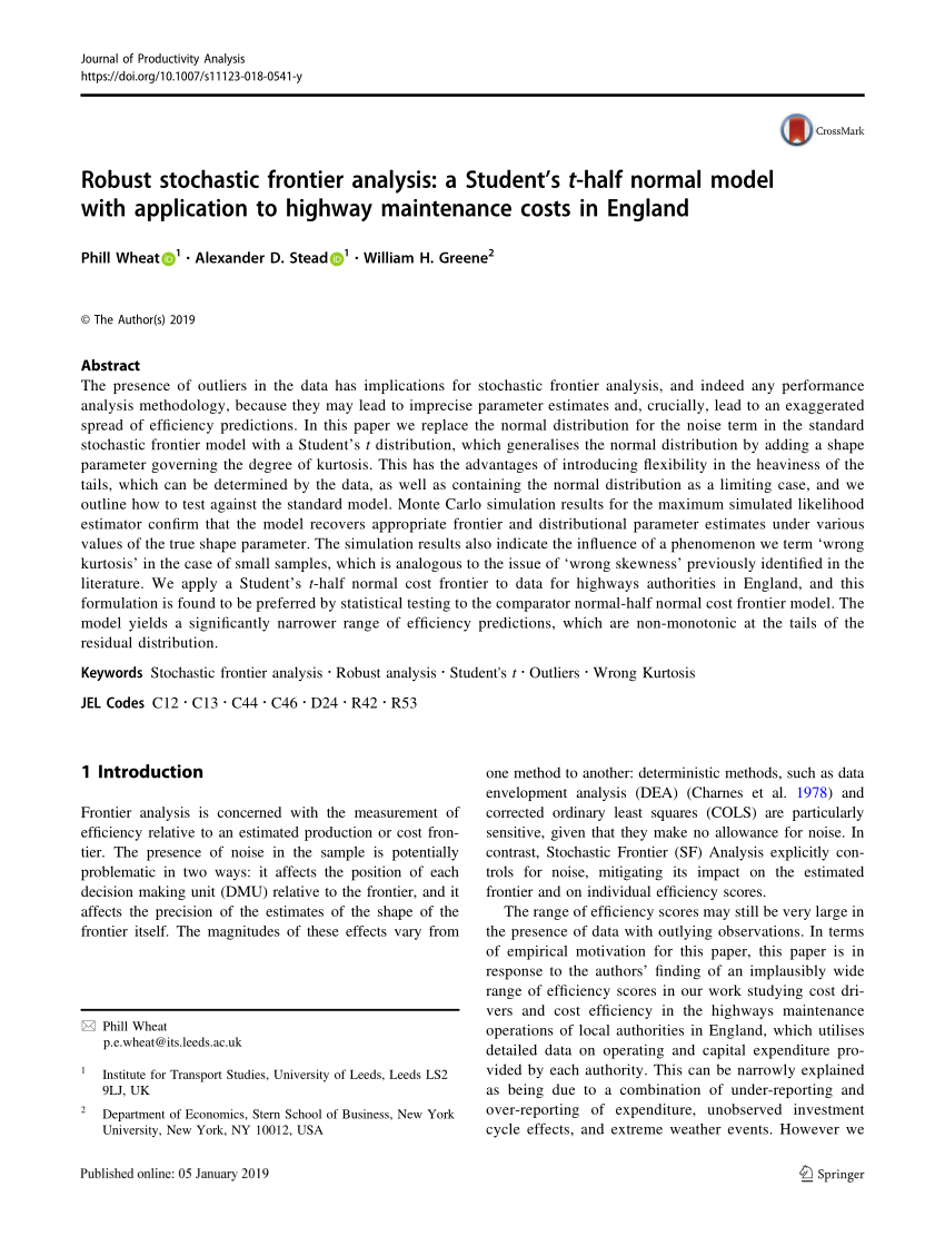 Pdf Robust Stochastic Frontier Analysis A Student S T Half Normal Model With Application To Highway Maintenance Costs In England