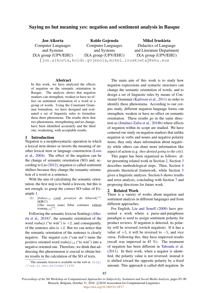 Pdf Saying No But Meaning Yes Negation And Sentiment Analysis In Basque