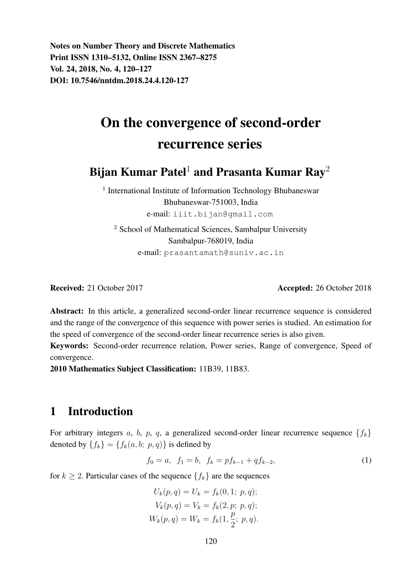 Pdf On The Convergence Of Second Order Recurrence Series