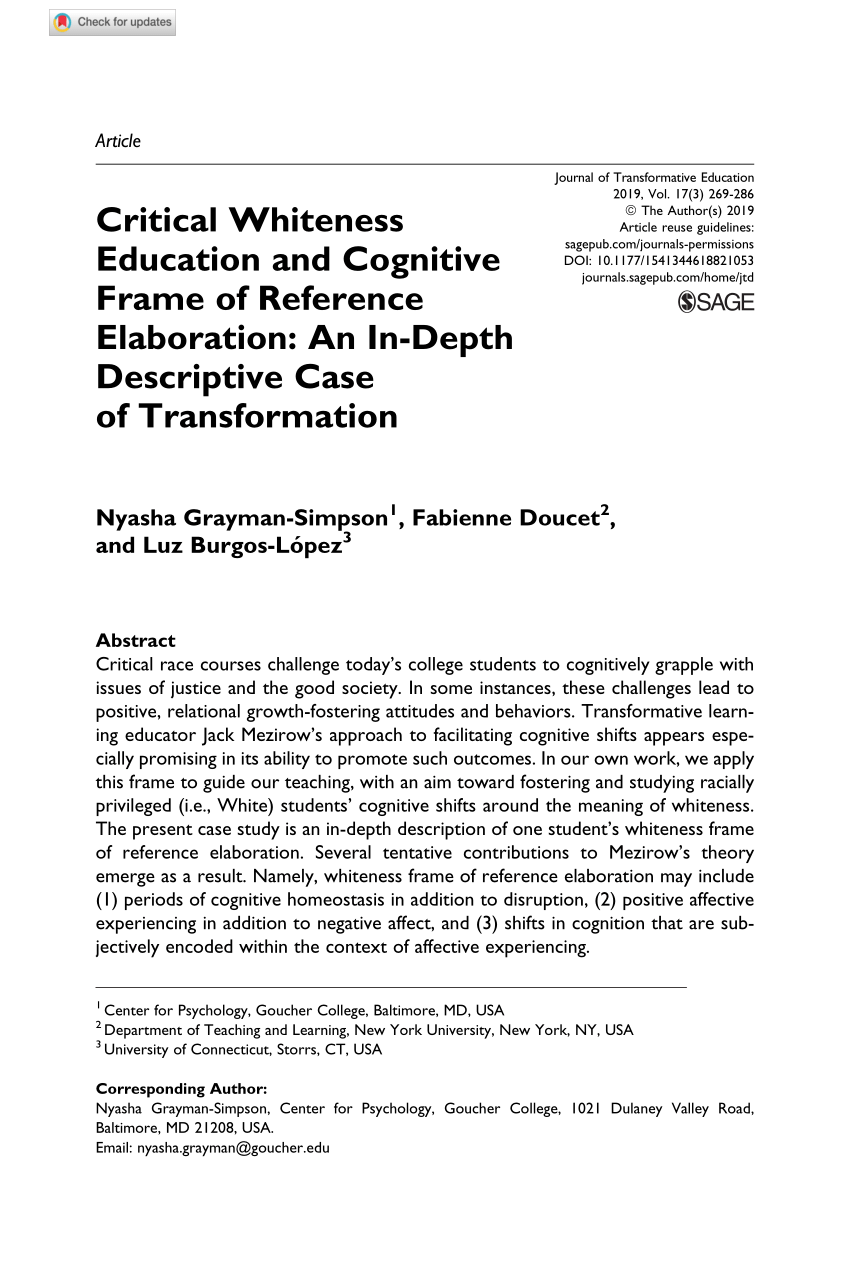 Pdf Critical Whiteness Education And Cognitive Frame Of Reference Elaboration An In Depth