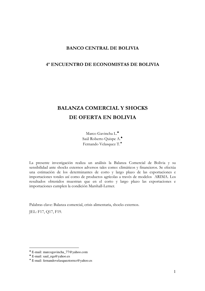 Pdf Balanza Comercial Y Shocks De Oferta En Bolivia