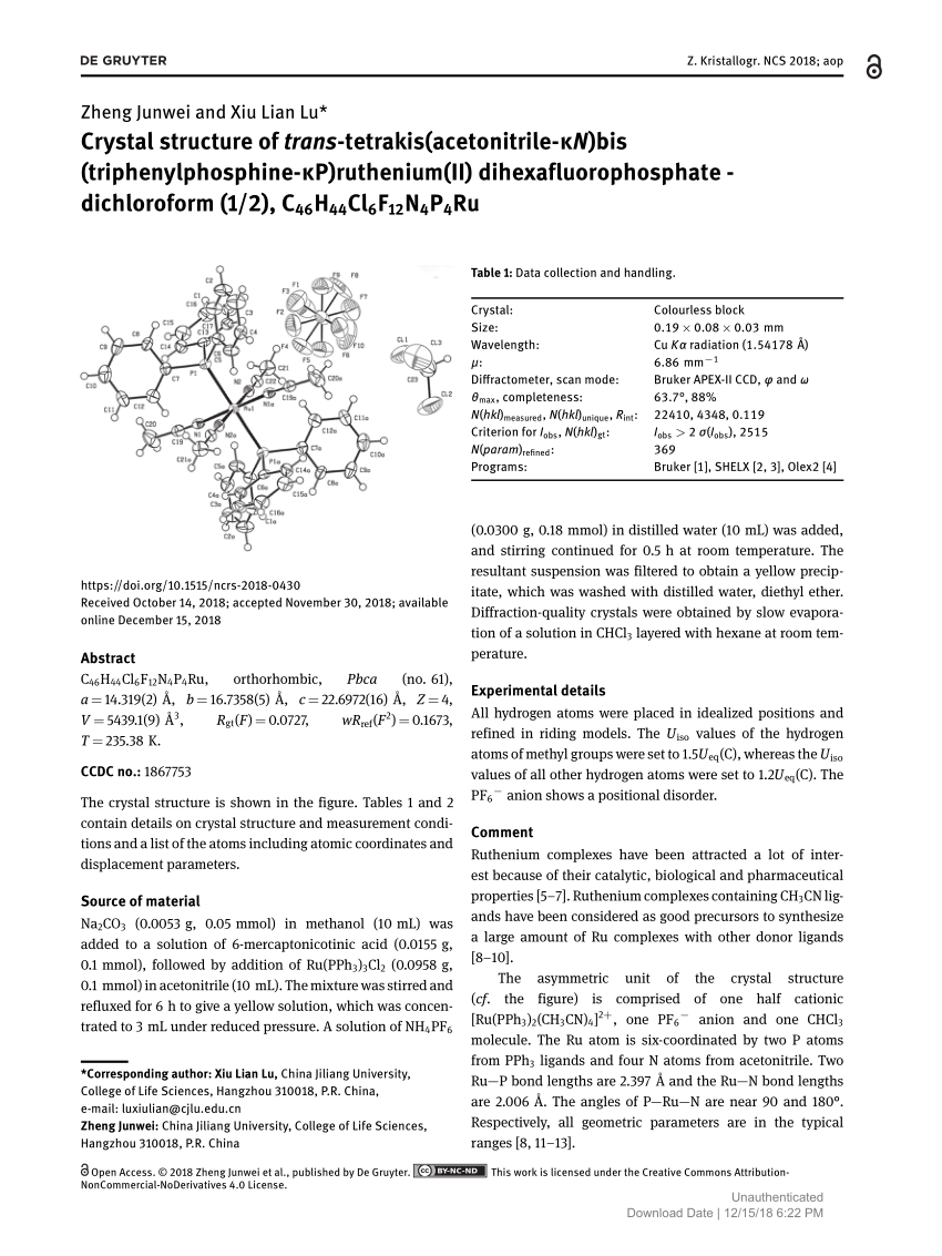 Pdf Crystal Structure Of Trans Tetrakis Acetonitrile Kn Bis Triphenylphosphine Kp Ruthenium Ii Dihexafluorophosphate Dichloroform 1 2 C46h44cl6f12n4p4ru