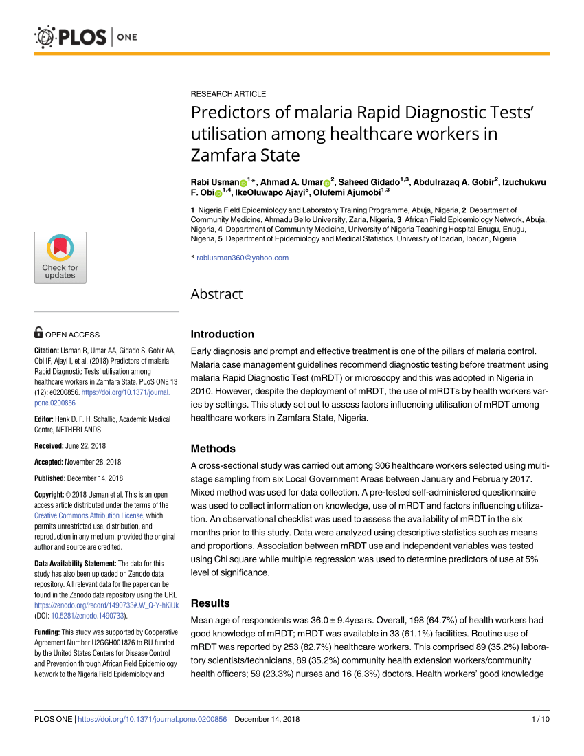 Pdf Predictors Of Malaria Rapid Diagnostic Tests - 