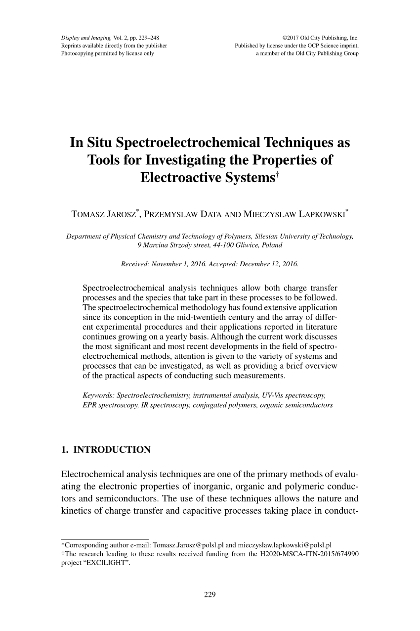 Pdf In Situ Spectroelectrochemical Techniques As Tools For Investigating The Properties Of Electroactive Systems