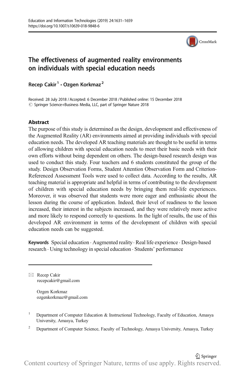 the effectiveness of augmented reality environments on individuals with special education needs request pdf