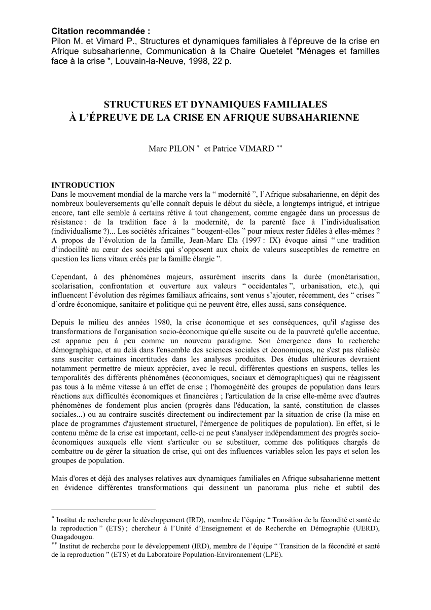 Pdf Structures Et Dynamiques Familiales A L Epreuve De La Crise En Afrique Subsaharienne