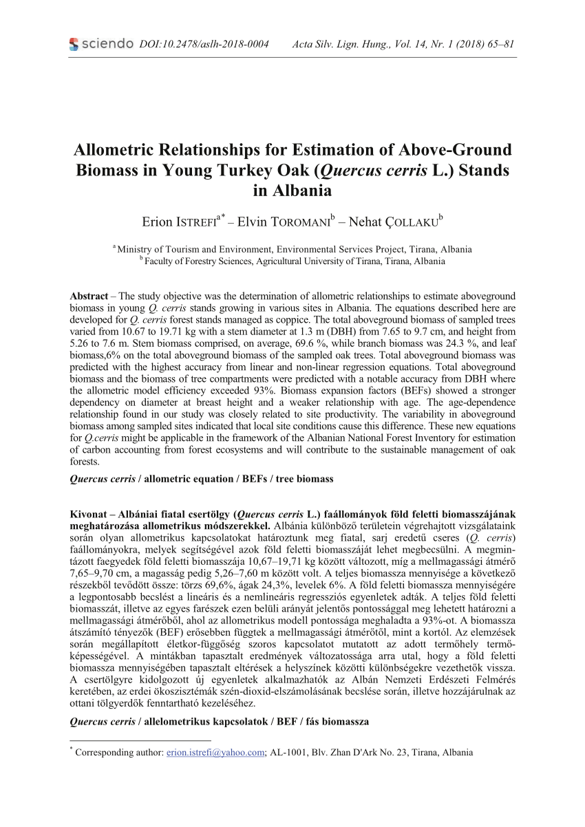 Pdf Allometric Relationships For Estimation Of Above Ground Biomass In Young Turkey Oak Quercus Cerris L Stands In Albania